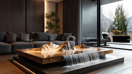 Coffee Table Inspiration Featuring a Stunning Mountain and Waterfall Illusion in a Modern Living Room