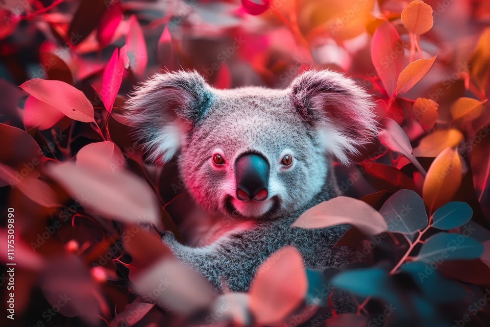Poster a cyberpunk-inspired koala with neon highlights and a glowing tree, set in a futuristic jungle with 