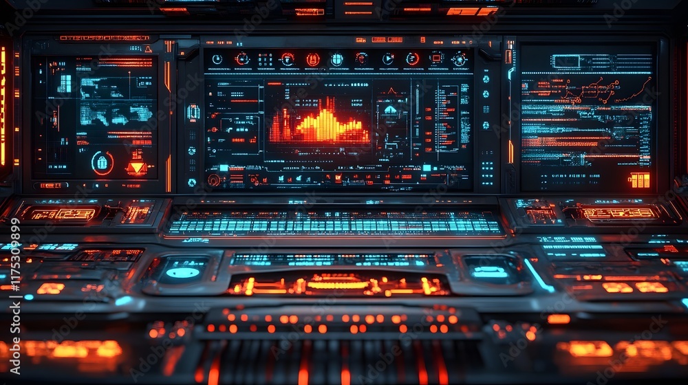 Poster futuristic control panel with glowing interfaces and data displays.