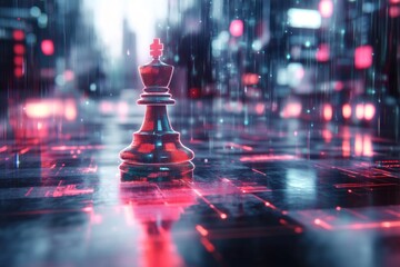 A cyberpunk-inspired chess knight, glowing with electric blue neon patterns, set against a digital cityscape