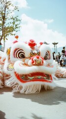 Obraz premium Lunar new year lion dance troupe resting during festive celebration.