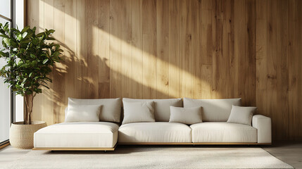 Sleek Modern Living Room with Beige Corner Sofa and Natural Wooden Panel Wall