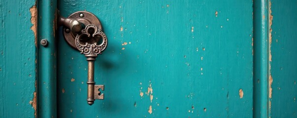 Fototapeta premium Old skeleton key hangs from wooden door with teal blue finish , interior, teal