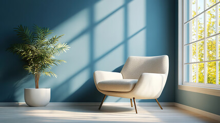 Modern living room with Scandinavian decor and a comfortable boucle armchair centerpiece