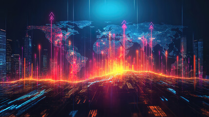 Obraz premium Business Chart with Glowing Arrows and World Map, Representing Global Market Trends