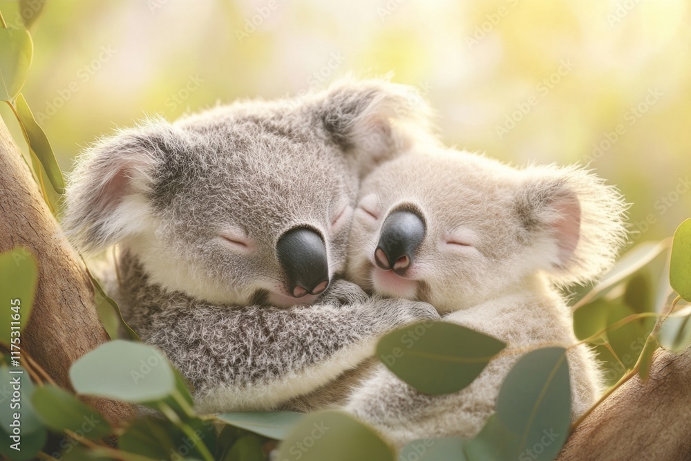 Poster a family of koalas nestled together on a large tree, with soft light filtering through the surroundi