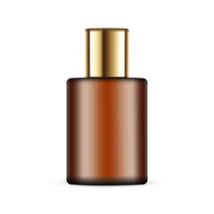 Amber Perfume Bottle Mockup With Golden Cap, Front View, Isolated On White Background. Vector Illustration