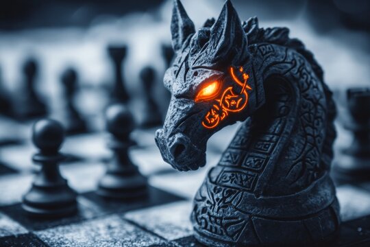 A fantasy chess knight that resembles a mythical steed, with glowing eyes and magical runes etched into its surface