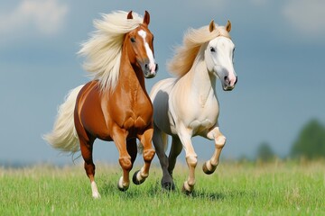 Obraz premium In motion on the field, a red and palomino horse displays its long blond mane