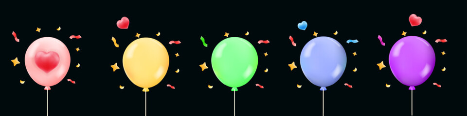 Obraz premium set of helium Colorful balloons in pink, yellow, green, blue, and purple with confetti and hearts, party wedding, celebrations, festive graphic, valentine day's, birthday