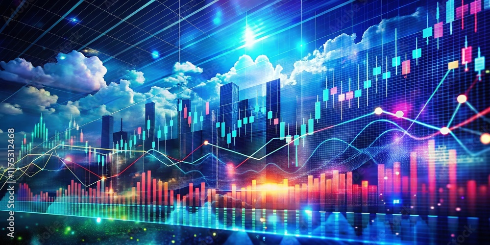 Poster surreal data visualization: abstract financial numbers & trends on a glowing screen