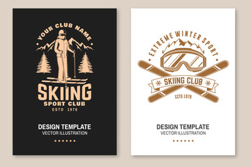 Set of ski winter sport flyer, poster, banner with ski, ski glasses, ski poles, skier, mountain. Family vacation, activity or travel. For logo design, patches. Vector