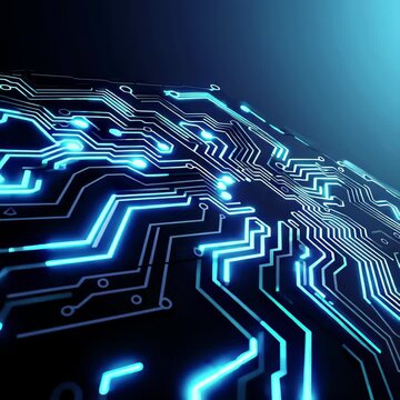 Glowing blue digital circuitry pattern on a dark futuristic background