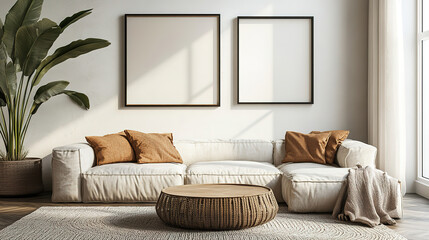 Modern living room featuring a beige sofa and a round coffee table in a clean design