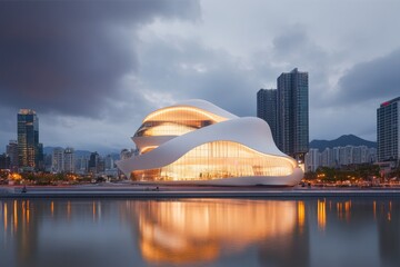 A futuristic view of the Dongdaemun Design Plaza in Seoul, glowing under city lights with its sleek architecture