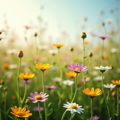 Obraz premium a field of flowers with a blue sky in the background