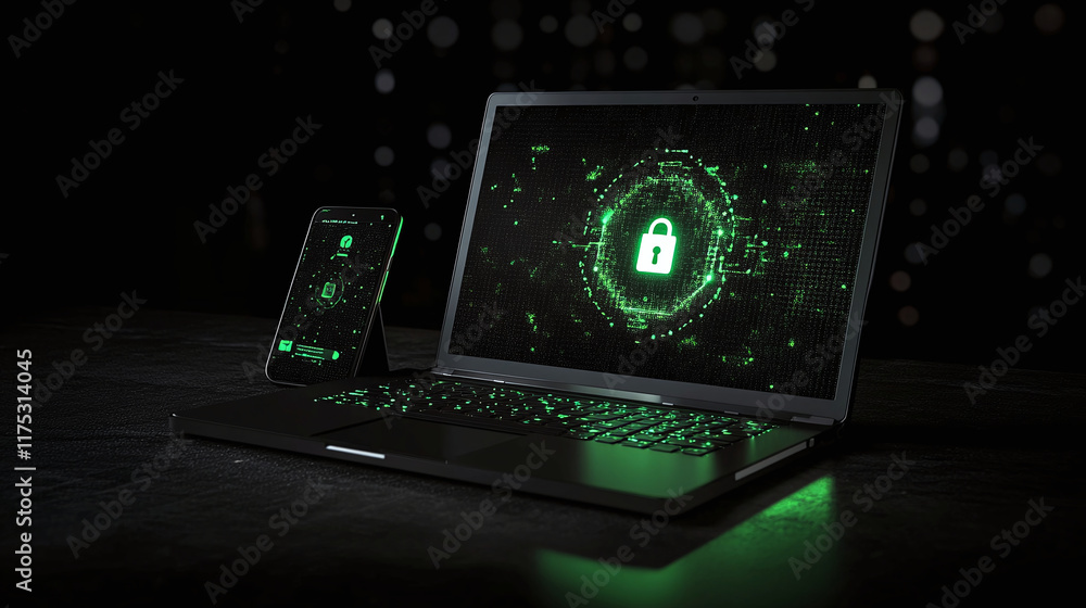 Poster a laptop with a black keyboard is shown, on which lies a smartphone. the smartphone screen displays 
