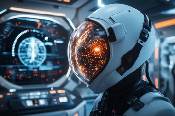 Fototapeta premium A glowing alien artifact being studied in a futuristic lab, surrounded by scientists in high-tech suits