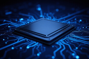 futuristic high tech design sleek CPU glowing blue circuit board