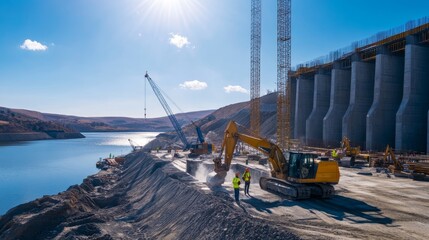 Construction site near a dam with machinery and workers by a lake under a bright sky.
