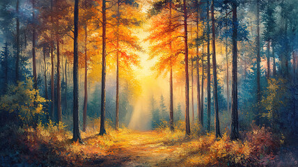 Obraz premium Sun rays illuminating a lush forest landscape in a panoramic view