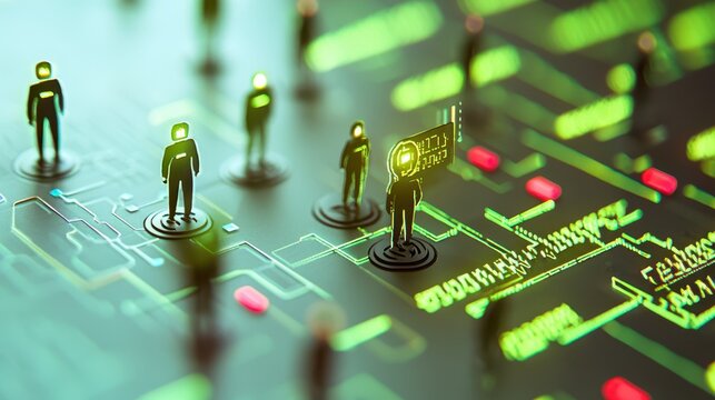 The image features digital figures on a circuit board, symbolizing connections in technology, data, and networking.