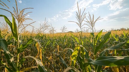 Obraz premium Golden cornfield under sunny sky, ripe harvest, rural landscape, agricultural background, food production.