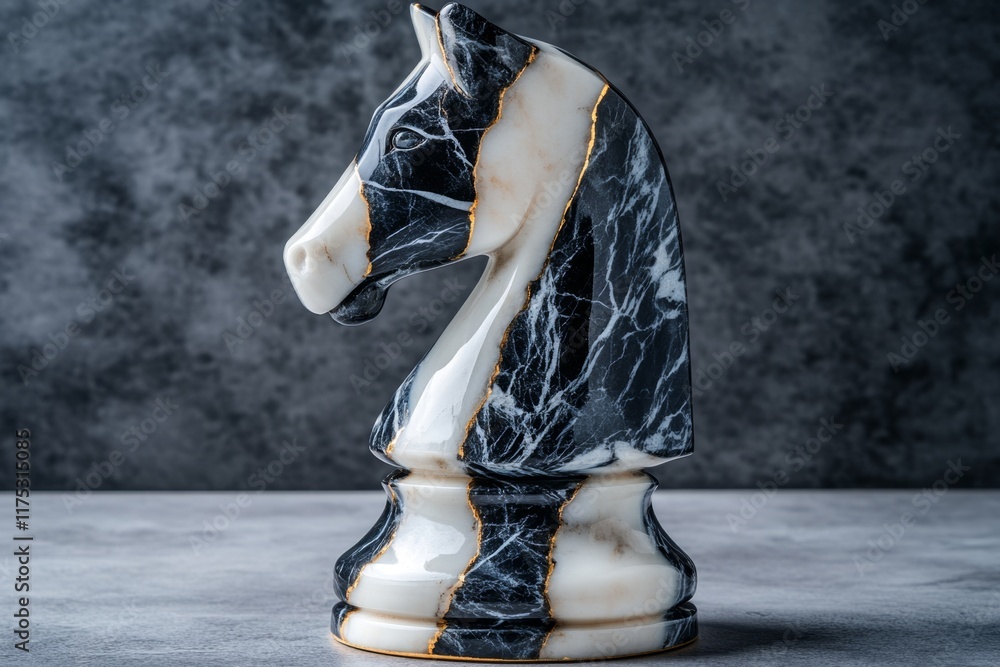 Poster a hyper-realistic depiction of a marble chess knight, showing every detail of its carved mane, crack