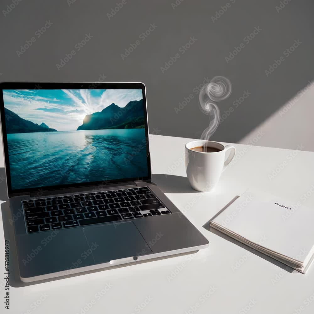 Poster laptop displaying a scenic view with a steaming coffee cup and a closed notebook on a white desk.
