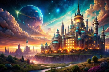 Naklejka premium Surreal Dreamscape of a Gigantic Hospital: A Futuristic Medical Metropolis