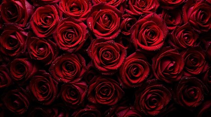 Close-up of fresh red roses with water droplets