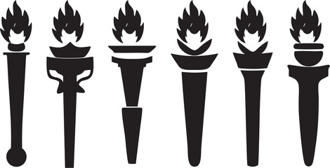 Fire torch flame icons set. Classical Olympic games sign as symbol of Victory, success or achievement. Burning flame torches in high quality for poster, banner or flyer designing.