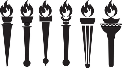 Fire torch flame icons set. Classical Olympic games sign as symbol of Victory, success or achievement. Burning flame torches in high quality for poster, banner or flyer designing.