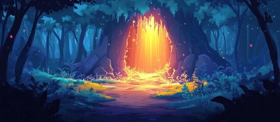Glowing Path Through Enchanted Forest Landscape with Radiant Illumination and Mystical Atmosphere   Fantasy Fairytale Scenery with Vibrant Foliage Moss and Serene