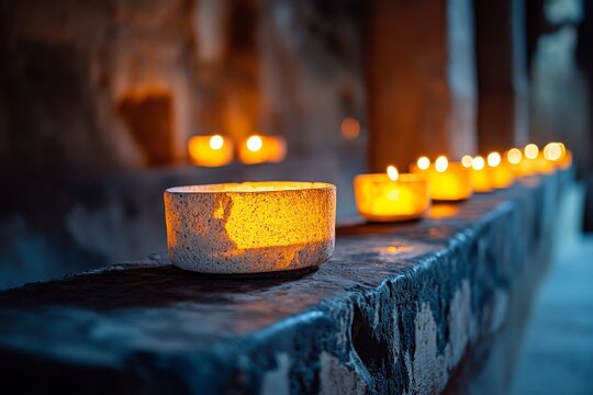 A haunting view of Petra Treasury at night, with dim candlelight revealing mysterious carvings and shadows