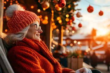 Obraz premium A knitter at a holiday market, with snowflakes falling, a festive atmosphere, bright knitted items, and cheerful lights