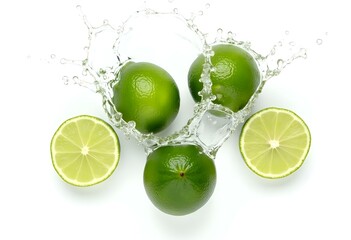 Fresh Limes with water splash on isolated white background