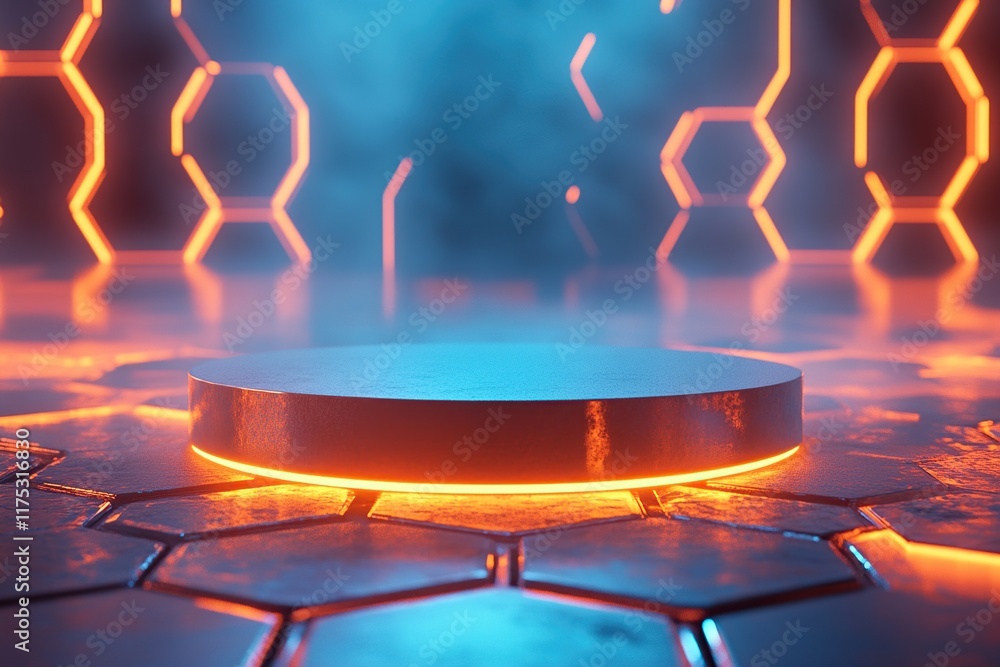 Poster futuristic platform glows with neon lights in hexagon environment, creating a stunning visual displa