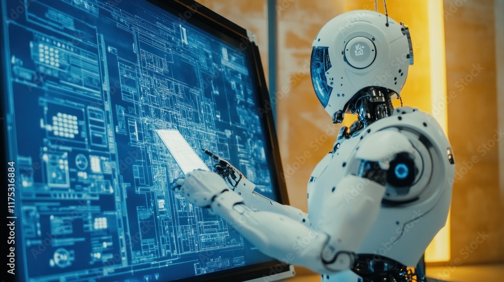 Poster advanced robotic technology: ai interacting with a futuristic interface