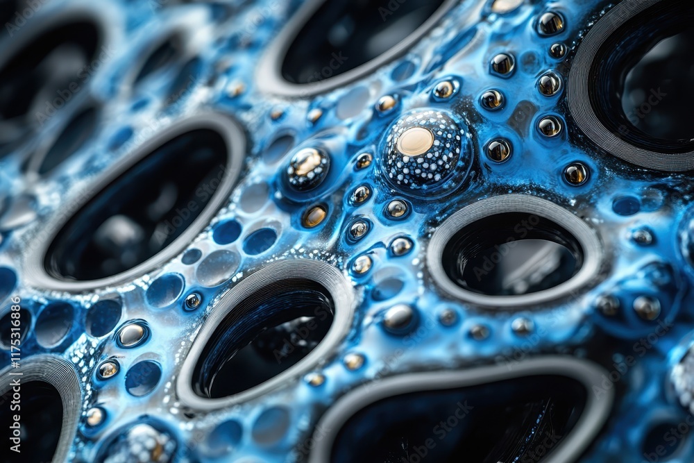 Poster textured blue surface with circular patterns reflecting light in an abstract design