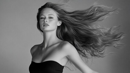 Monochrome Elegance: A Stunning Portrait of a Woman with Flowing Hair