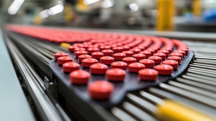 Obraz premium Red pills on conveyor belt in pharmaceutical factory.
