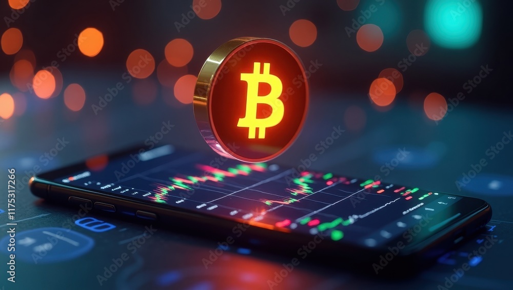 Poster vibrant surreal depiction of a bitcoin floating over a smartphone with financial graphs