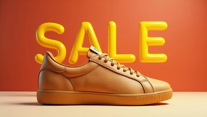 Modern sneaker showcased on a vibrant backdrop with bold sale text for promotional purposes