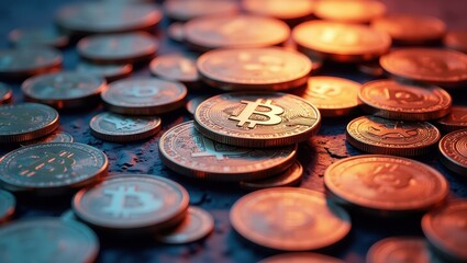 Vibrant display of creative bitcoin coins shimmering with light at dusk