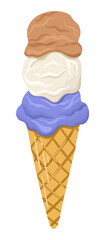 Delicious Ice Cream Cone in pastel colors. Tasty sundae with bubble gum, vanilla, and chocolate flavors. Vector.