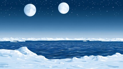 Naklejka premium Three luminous moons illuminate a tranquil arctic ocean scene at night