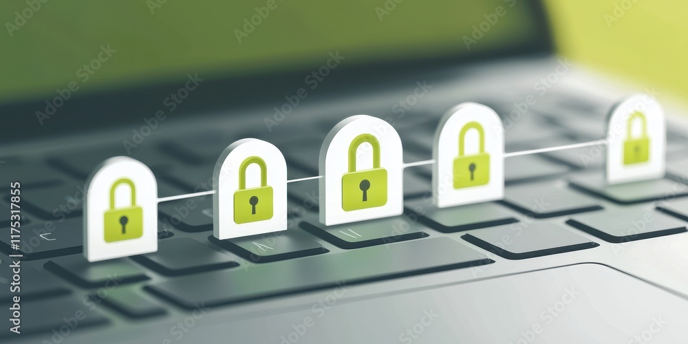 Poster a series of digital locks displayed on a keyboard, symbolizing cybersecurity, protection, and secure