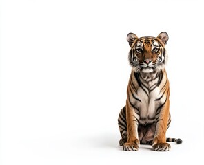 Obraz premium In a solitary pose, the tiger lies down while staring directly at the camera, framed against a pristine white background