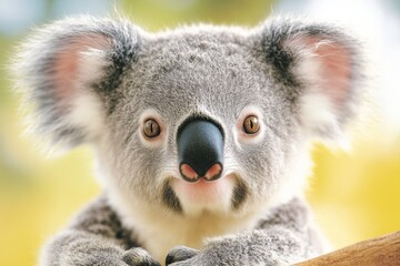Naklejka premium A koala gazing at the horizon while perched on a tall eucalyptus tree, with an expansive blue sky behind it